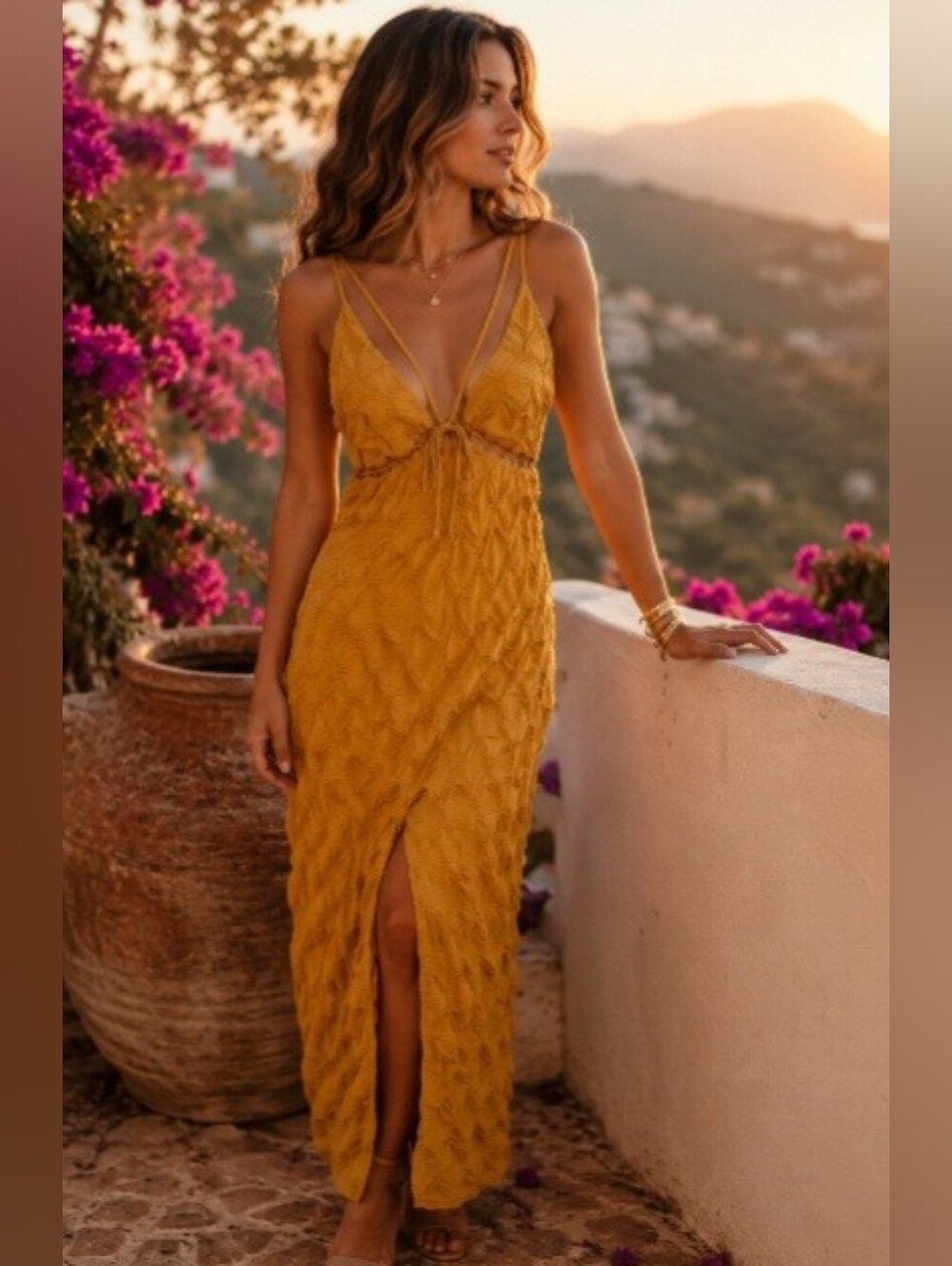 PrettyLittleThing Mustard Textured Tie Front Open Back Maxi Dress NWT Size 10